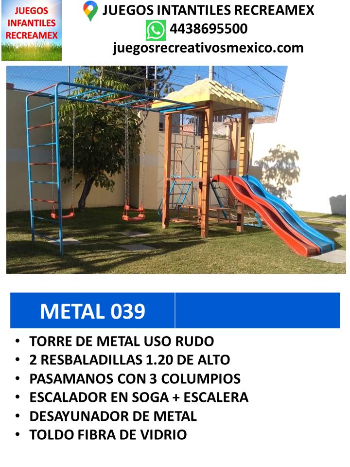 modulo de metal pasamanos, desayunador, columpios , resbaladillas